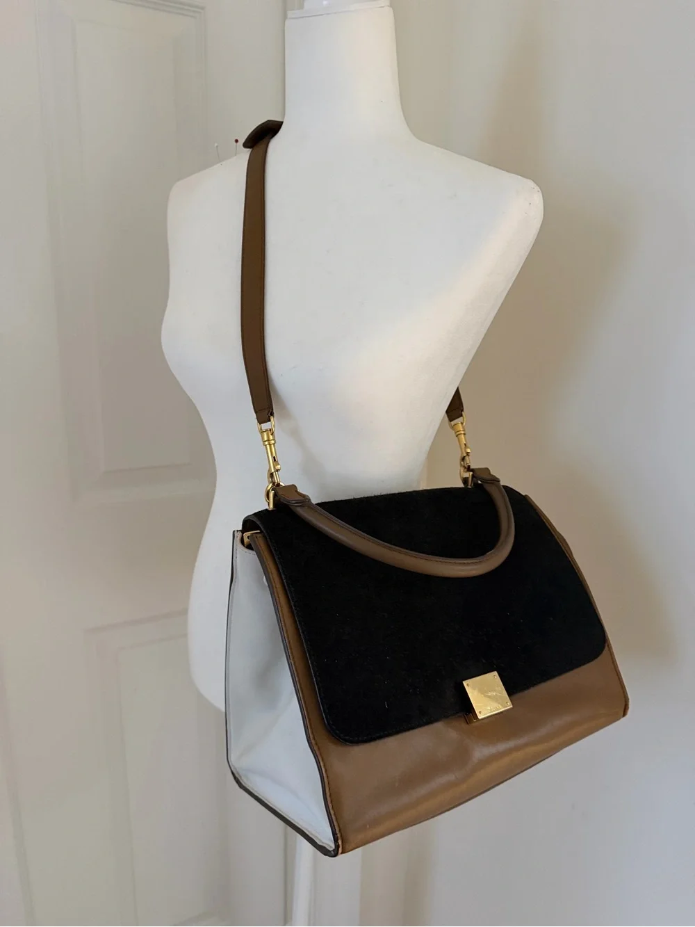 Authentic CELINE Medium Trapeze Tricolor Leather Suede Handbag